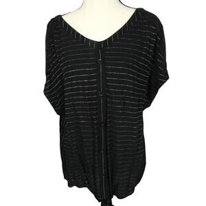 Robert Louis XL Black Silver Tie Front Shirt Crochet Short Sleeves V-Neckline